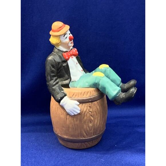 Bisque Porcelain Clown Sitting in a Barrell - Picture 2 of 6